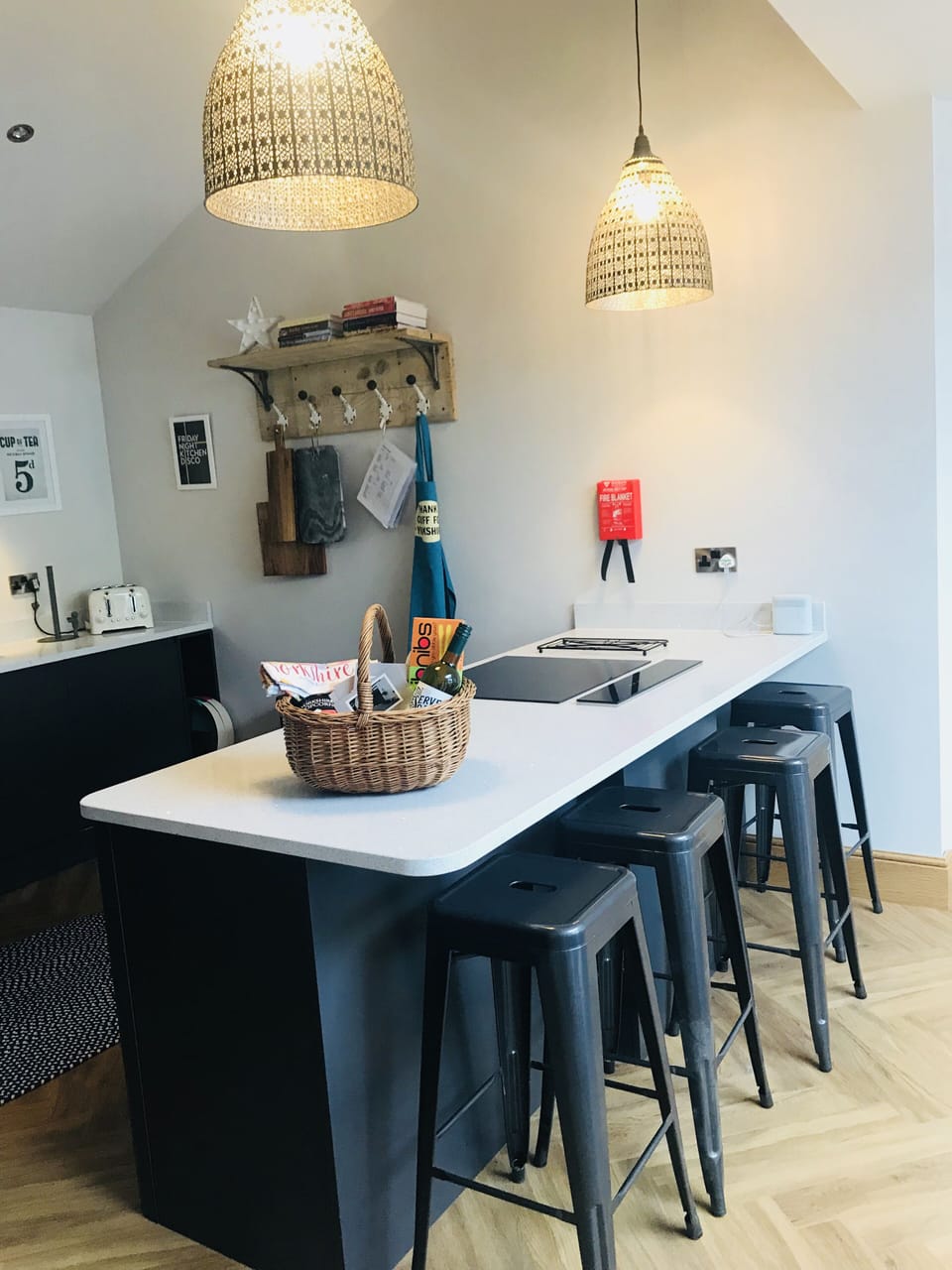 Basket of goodies on the kitchen peninsula 