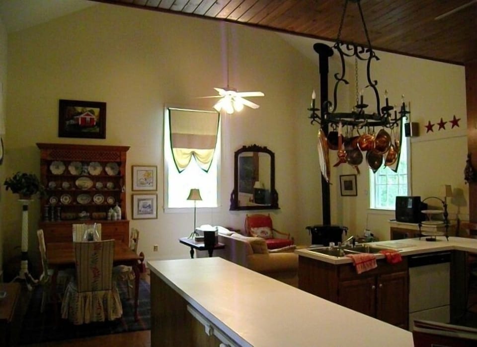 Dining room for eight and great room with 14 foot plus ceilings.