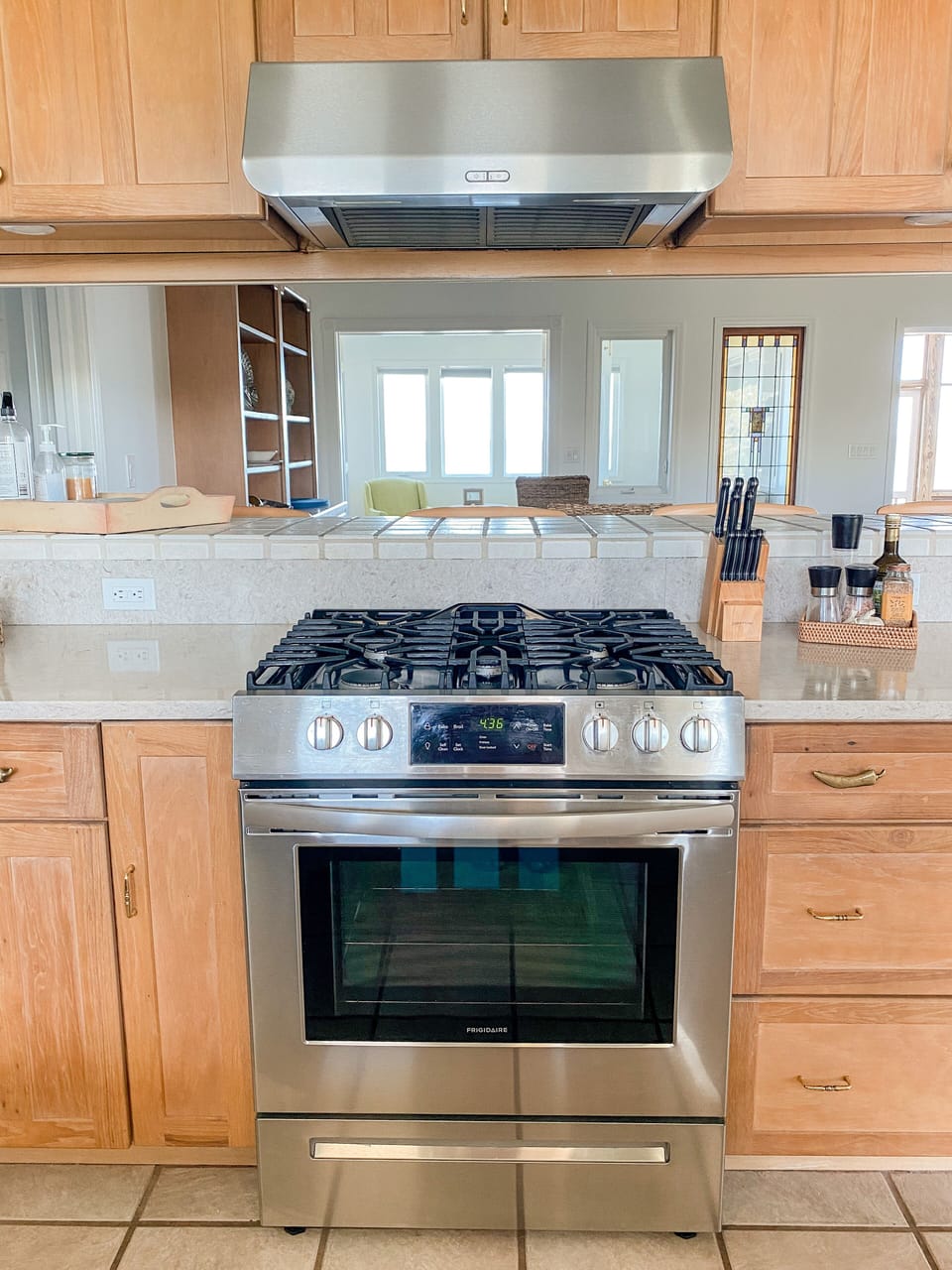Kitchen view looking through toward water.