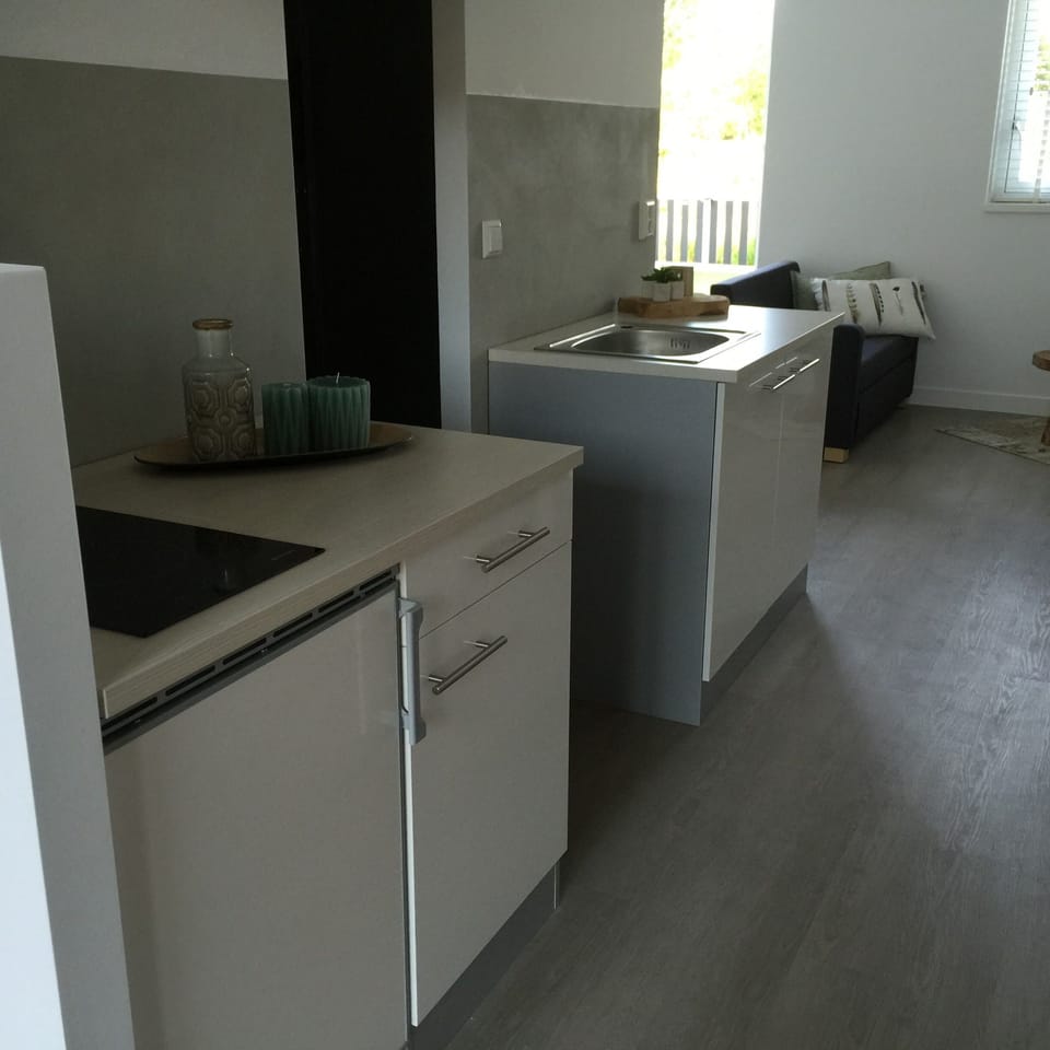 Kitchen with sink, duo ceramic plate, extractor hood, refrigerator & microwave