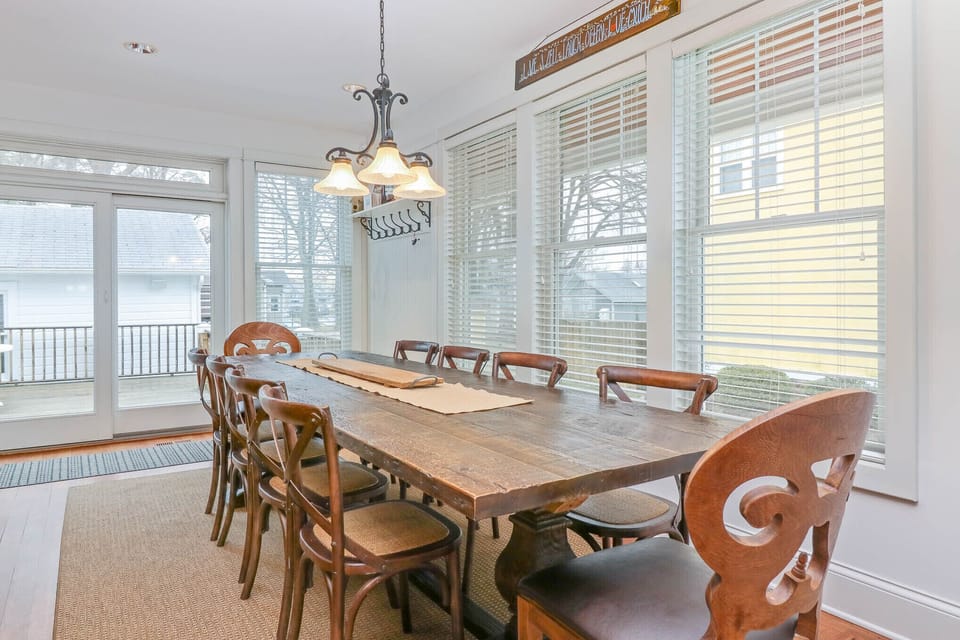 Large farm table accommodates ten guests comfortably.