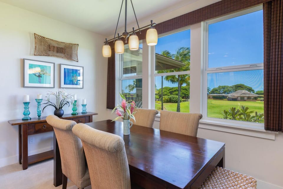 Dining room with golf course and distant ocean views