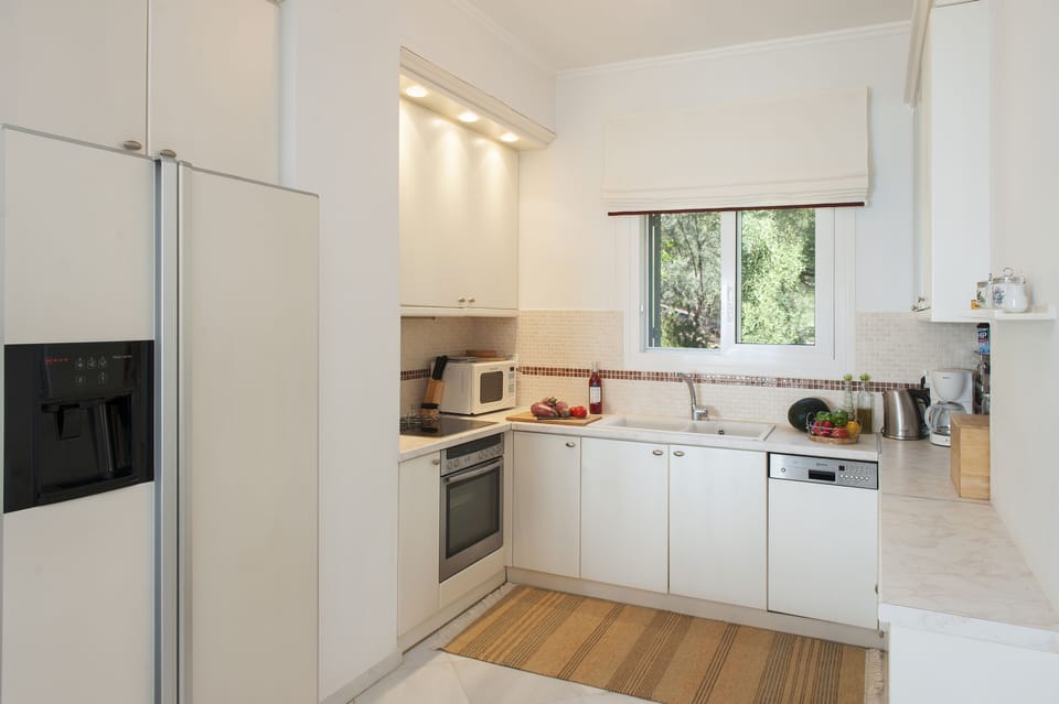 Kitchen with american type fridge - window facing back yard and the mountainside