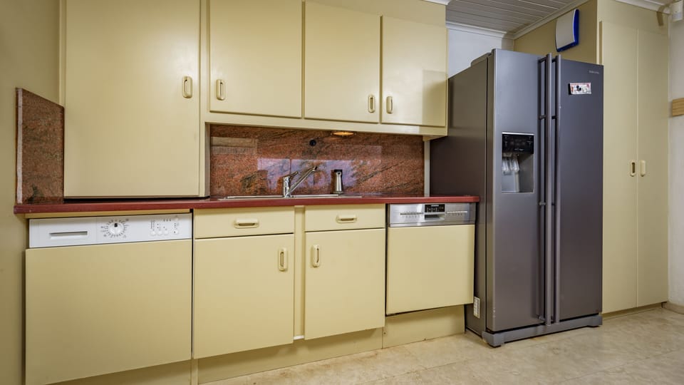 Kitchen with fridge & icemaker, dishwasher, washer.