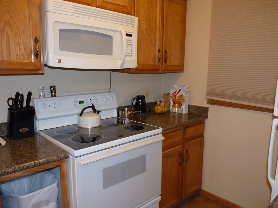 modern stove and microwave - lots of cupboard space