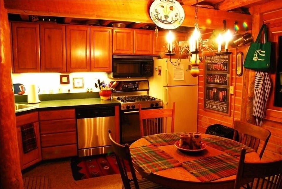 Kitchen view, gas stove, dishwasher, fridge and storage.