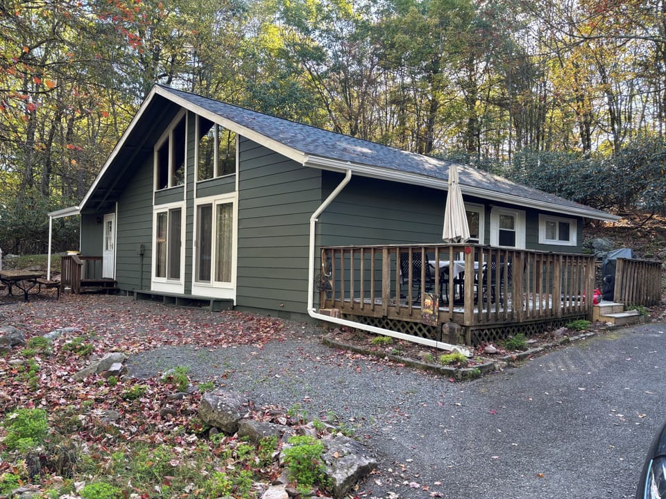 The entry side of the house and the deck.