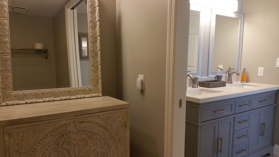 NEW Dressing Table & Double Vanity!
Separated w/ pocket door for privacy.