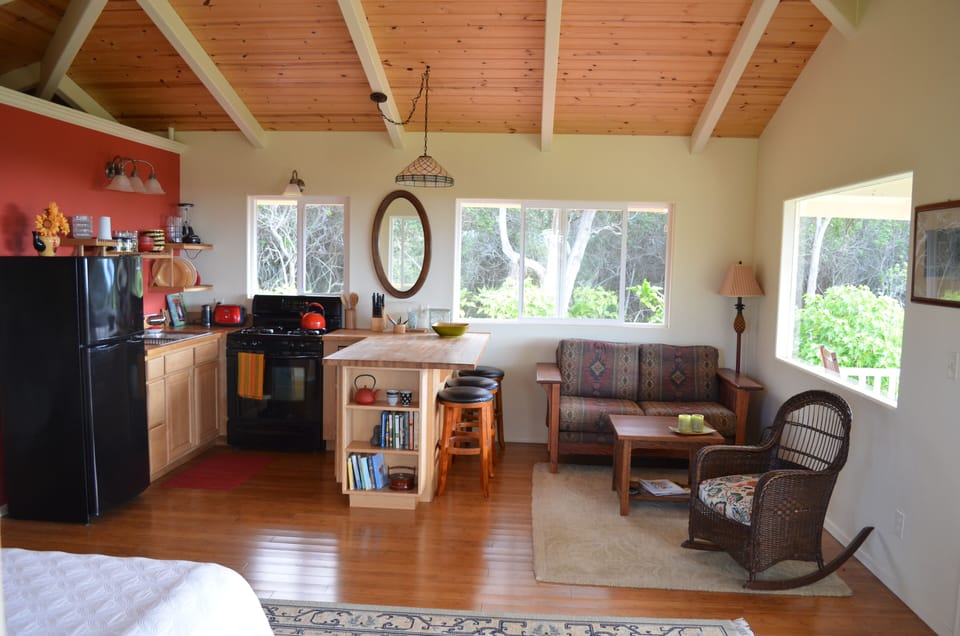 Open-beam ceiling and bamboo flooring