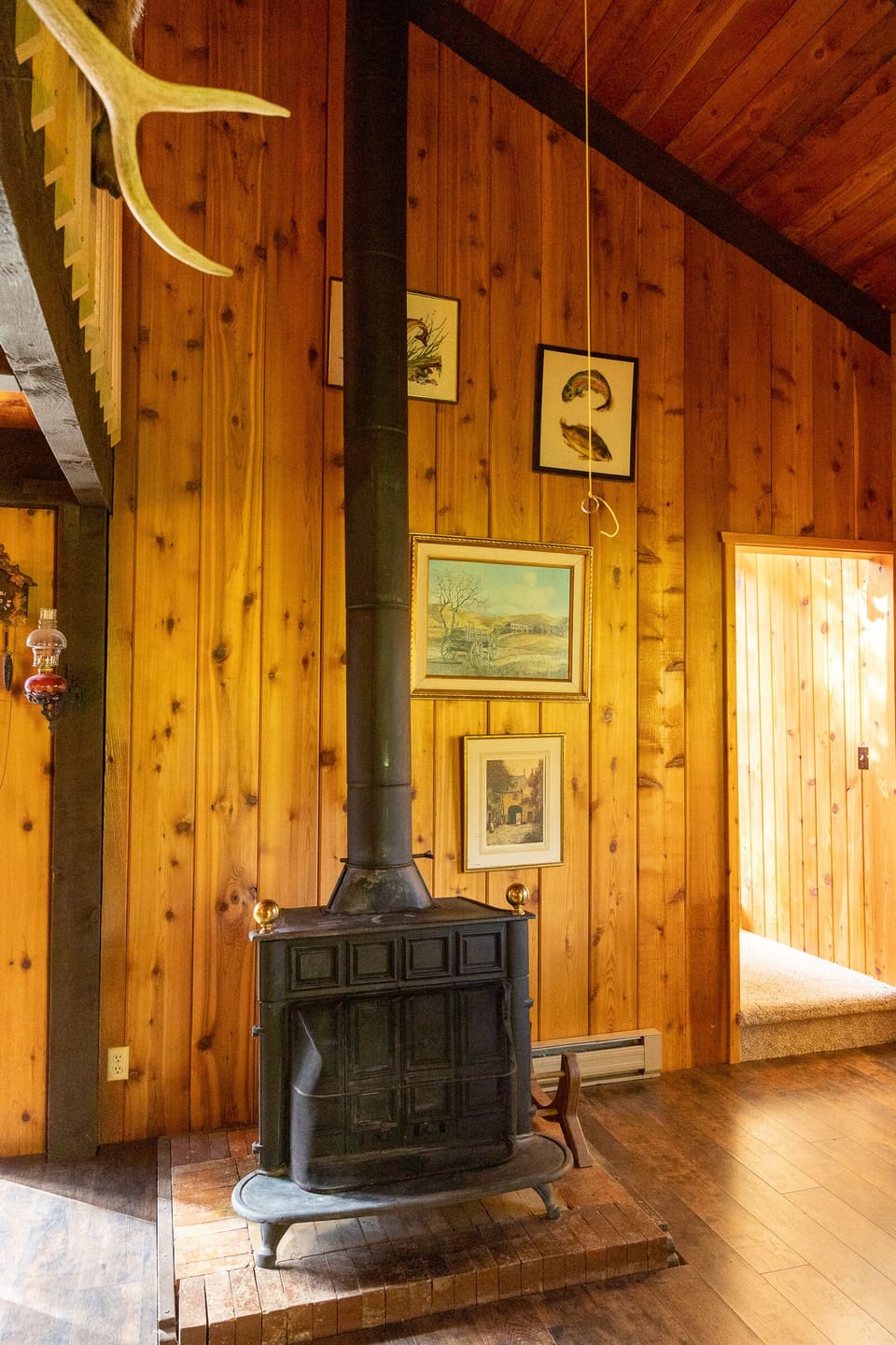 Wood-burning stove in main entryway