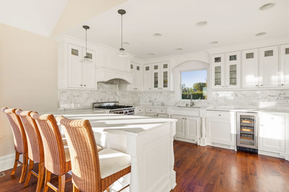 Spacious chefs kitchen is bright and clean