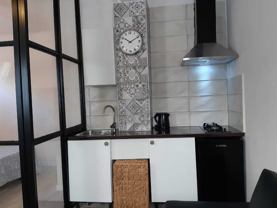 2 burner cookertop, microwave, fridge with small freezer section.