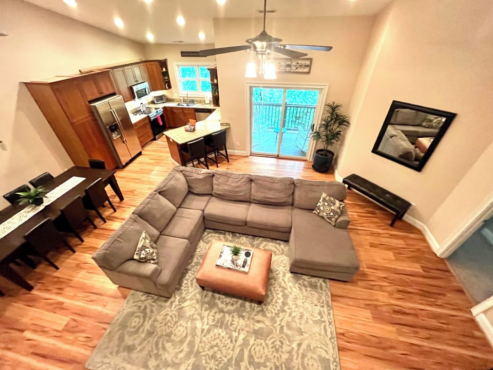 Birdseye view of the great room, dining area and kitchen