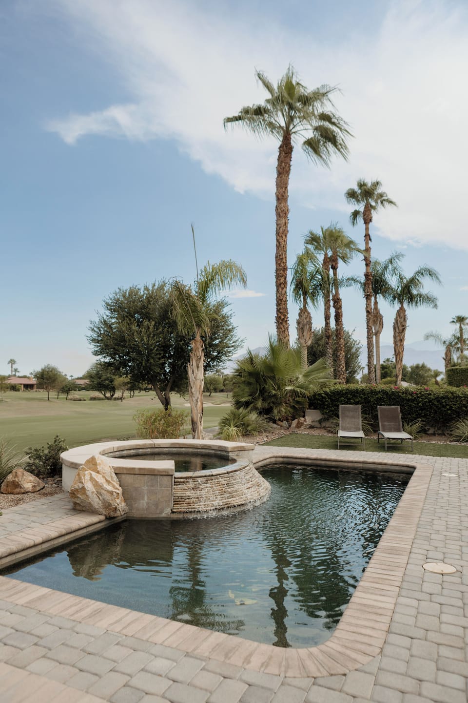 Wide pool/spa view with palms + open green views