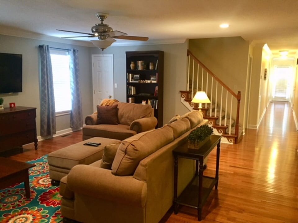 Large family room, dining room and kitchen in open floor plan