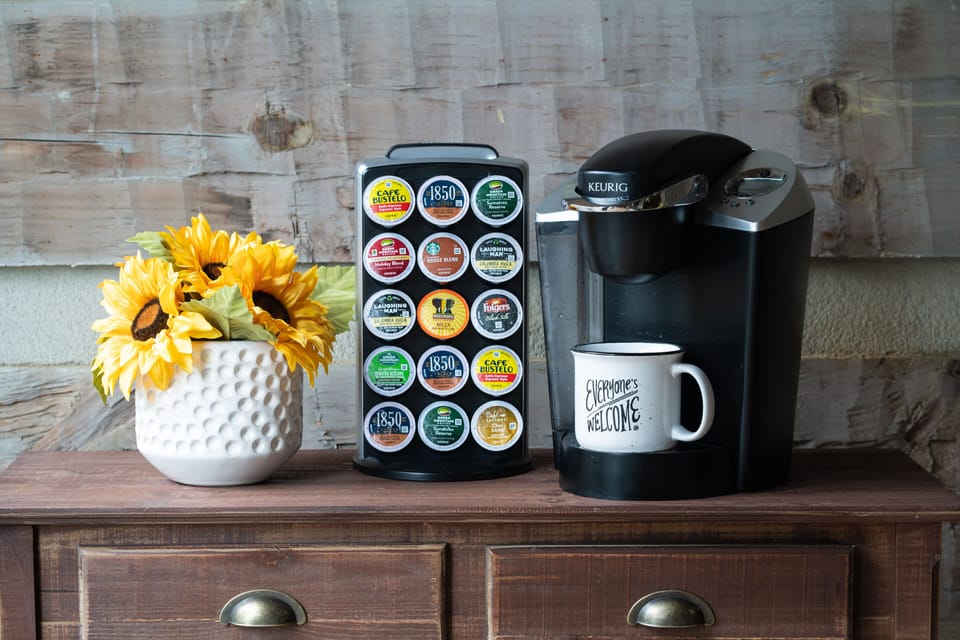 Your coffee station helps to start your day with a Keurig, a pour-over brewer and even a French Press ready for you.