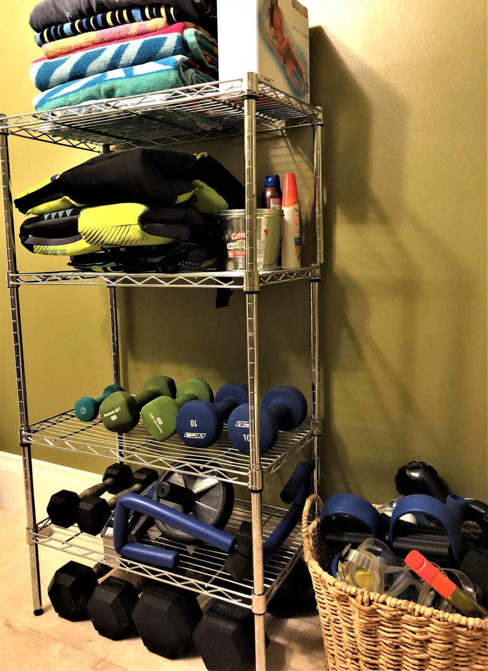 Fitness and swimming equipment located in the 1st floor shared bathroom.
