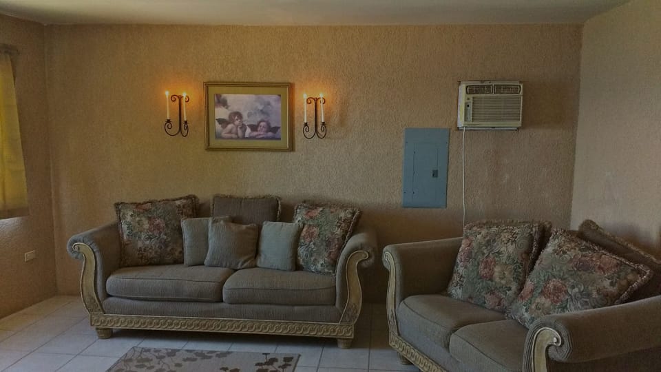 Living room, now with new AC over the sofa.
