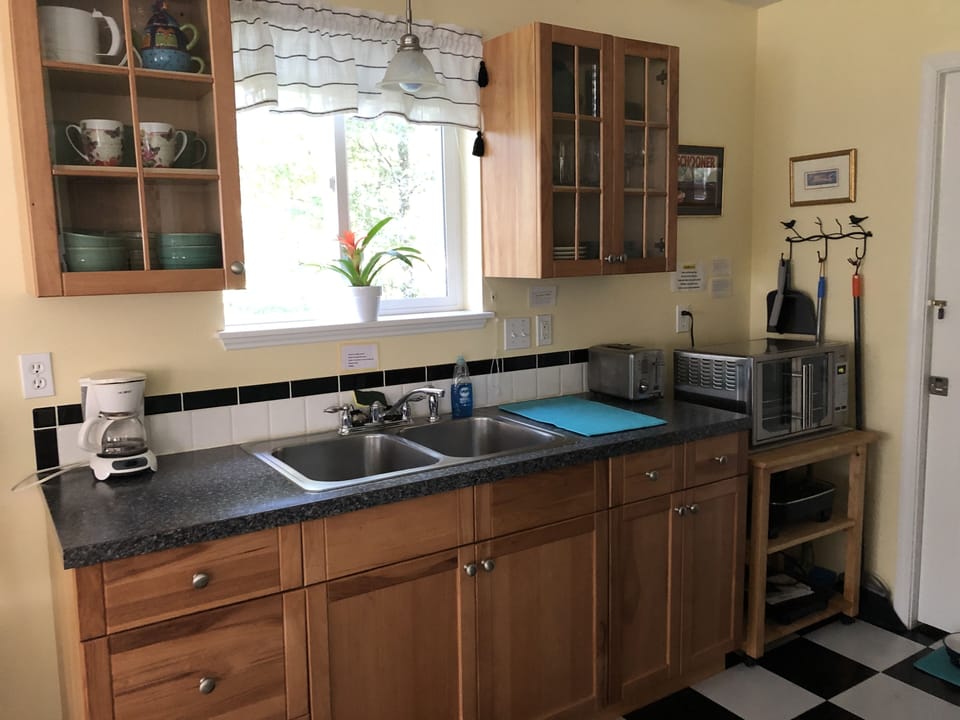 Kitchennette has tabletop oven, electric skillet, microwave, full frig and more.