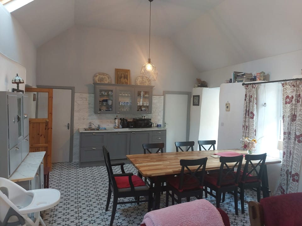 Dining table and part of the kitchen 