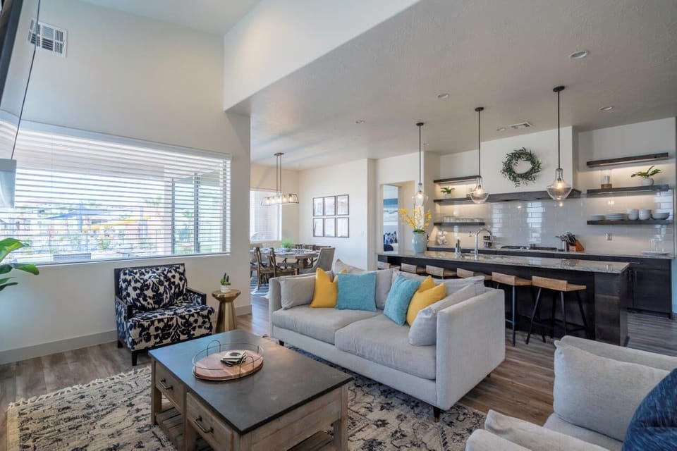 Living room is open to kitchen/dining to allow groups to gather easily