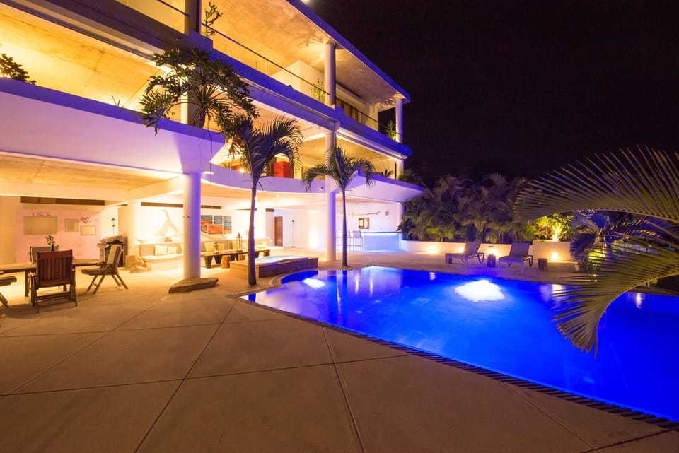 Outdoor swimming pool at night