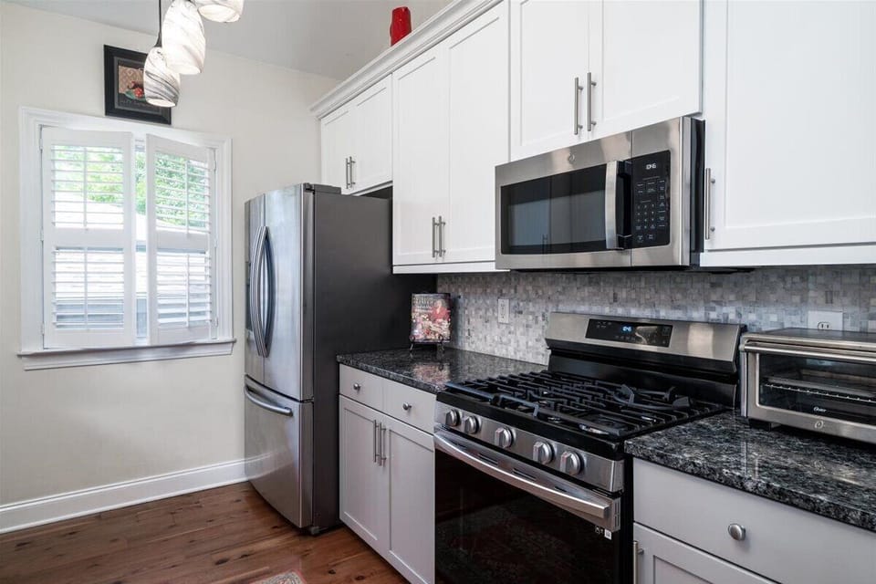 Well Stocked and supplied. Good Appliances.  Gas range. Stainless and Granite.