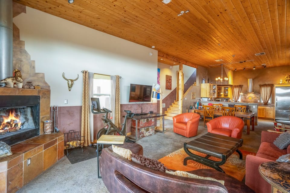 Fireplace, Peloton, two couches, two 
