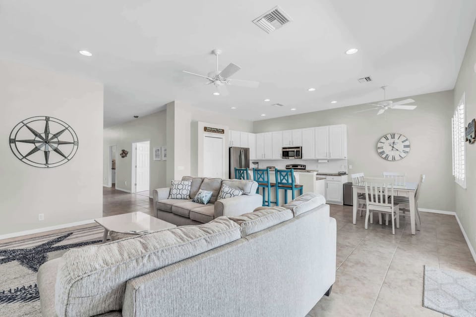 A view of the family room and kitchen spaces in our home