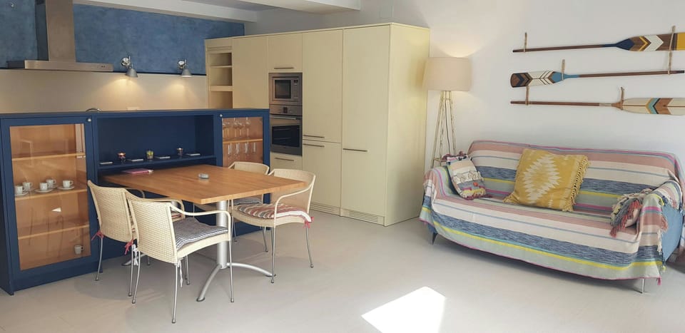 Living room with a sofa, dining table, TV and auxiliary table. Open kitchen, equipped with all its necessary tools.