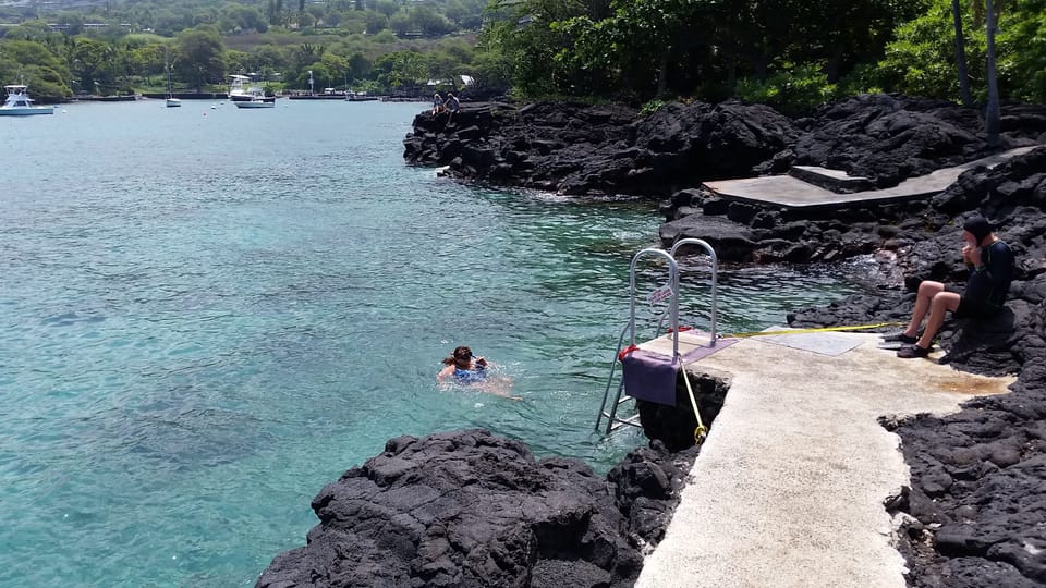 Keauhou Bay crystal clear, calm waters to snorkel.  Beach is at 
