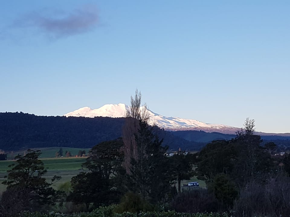 The view with the evening sun reflected off Mt Ruapehu