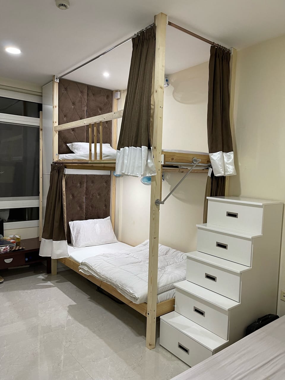 Loft beds with built in Wardrobe, reading light, fan and curtains, Steps-drawers