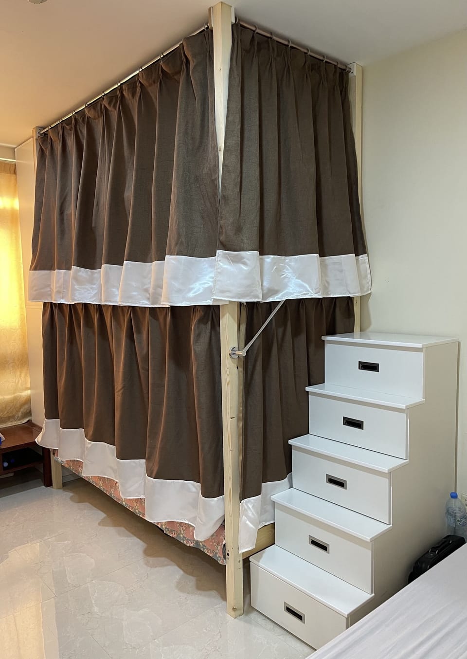 Loft beds with built in Wardrobe, reading light, fan and curtains, Steps-drawers