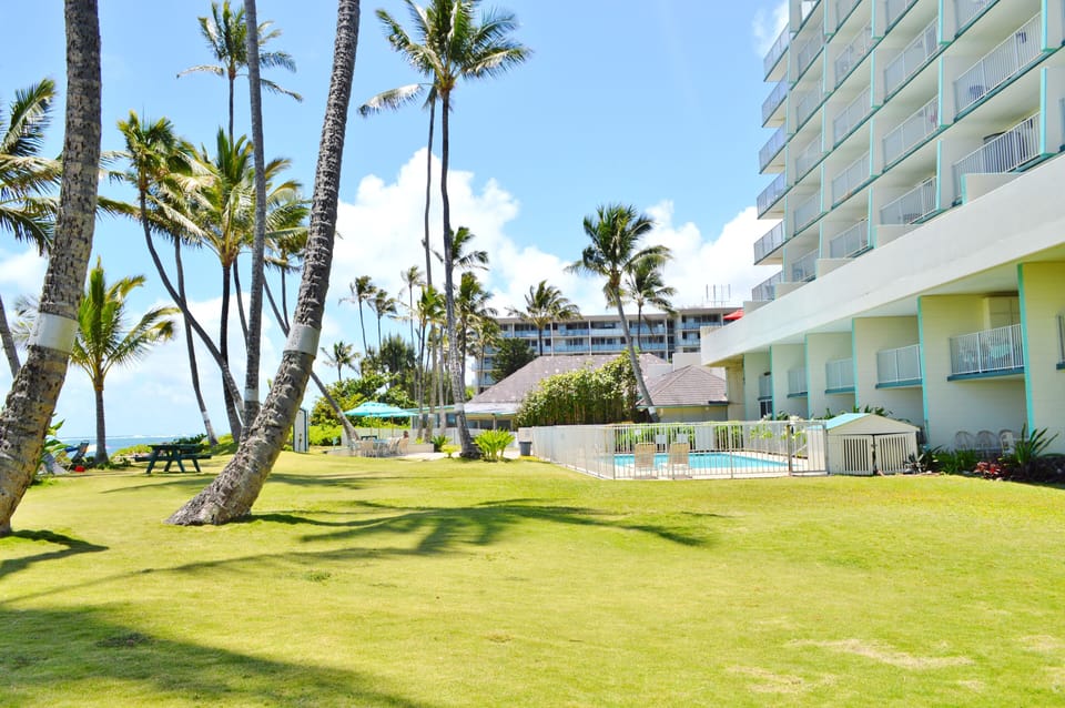 The great lawn and pool face the ocean.