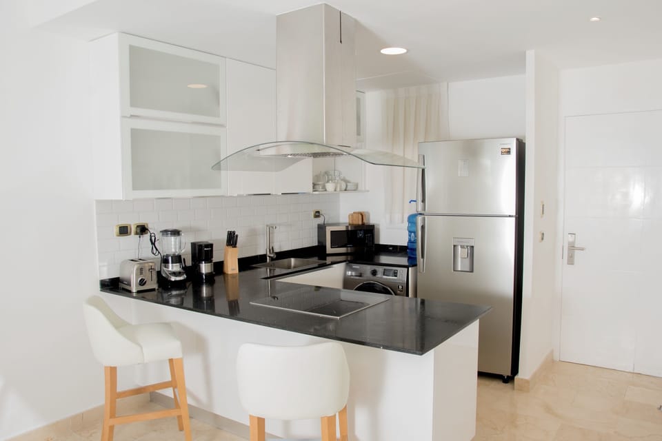 We have a toaster, blender, coffeemaker, microwave, stove, and full-size fridge