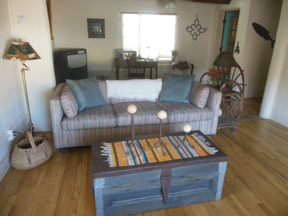Living Room.  Swamp Cooler And Screened Windows For Summer Visits