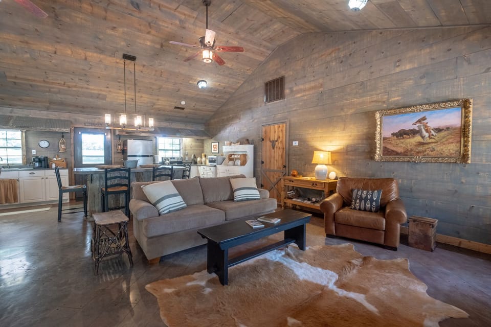 A large, vaulted great room is perfect for family gatherings. 