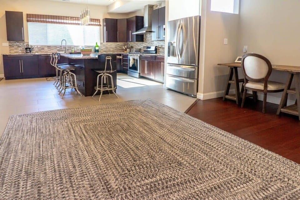 The kitchen sits at the back of the home.
