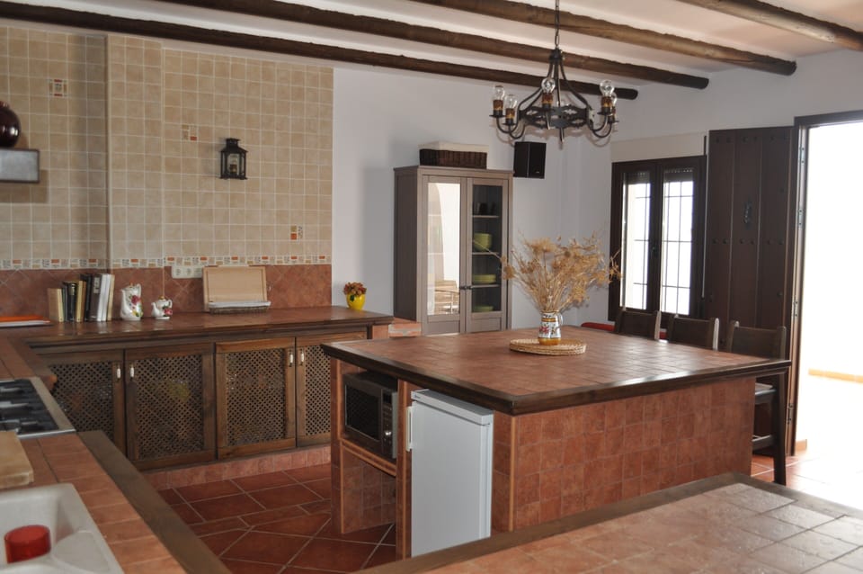 Island with microwave below and day fridge. Further fridge freezer under stairs