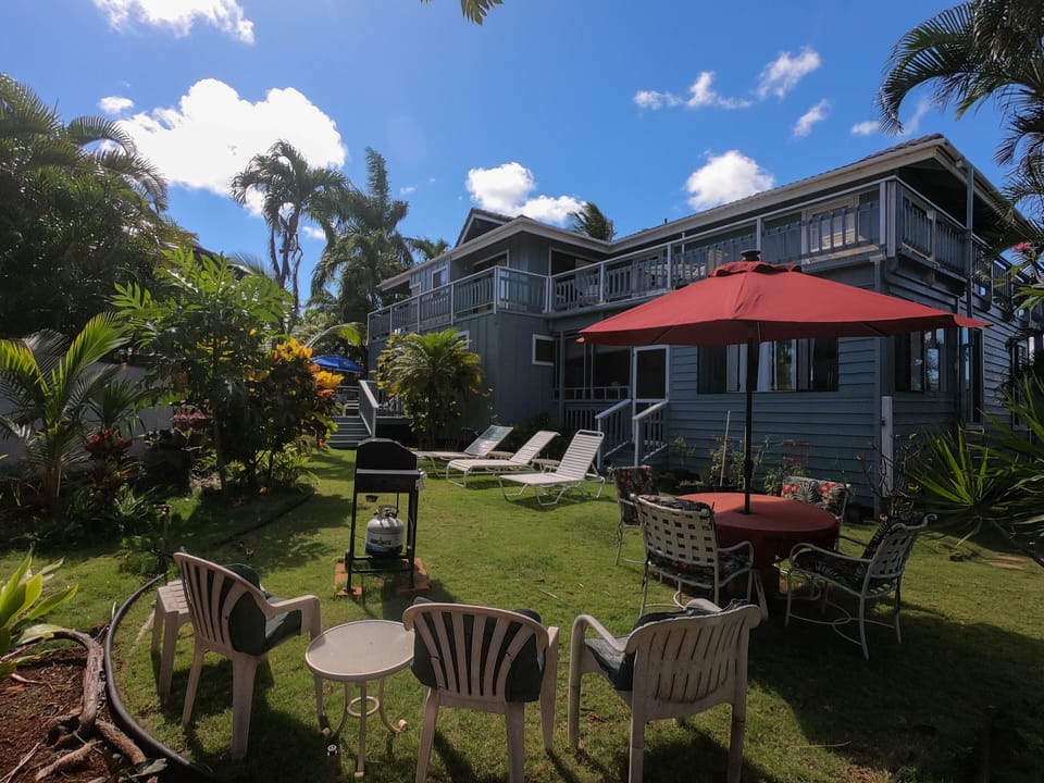 The backyard with grill, table land chairs, and lounges.
