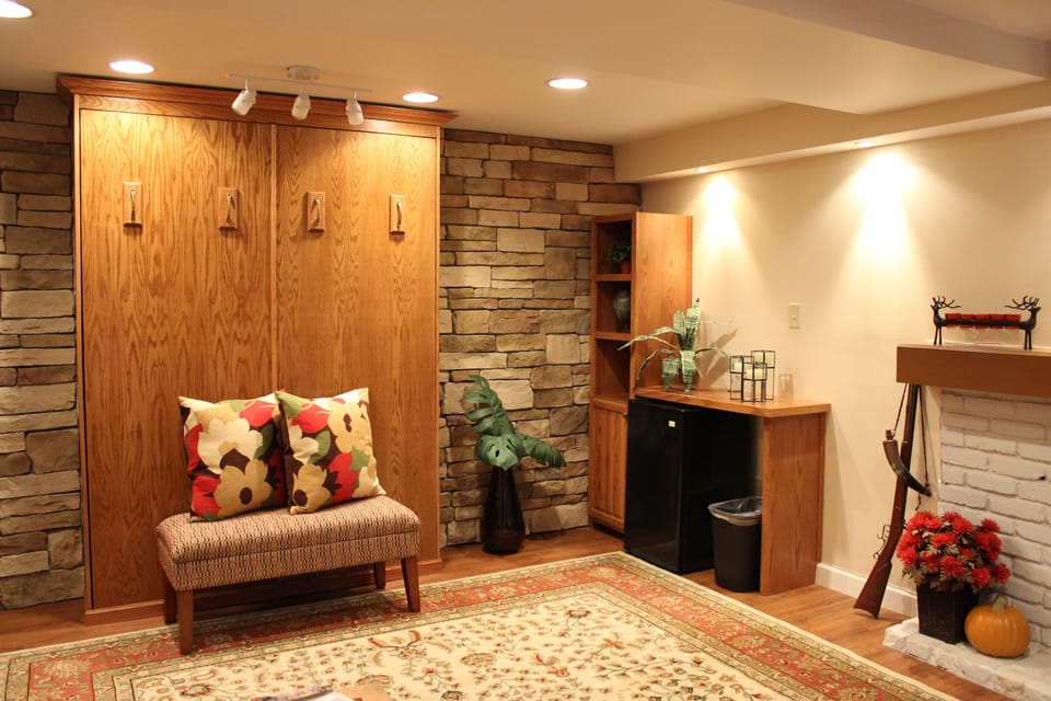 Murphy bed (closed) and refreshment area