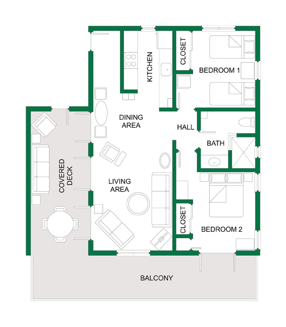 Rainbows End interior floor plan.  Add large covered and open decks!