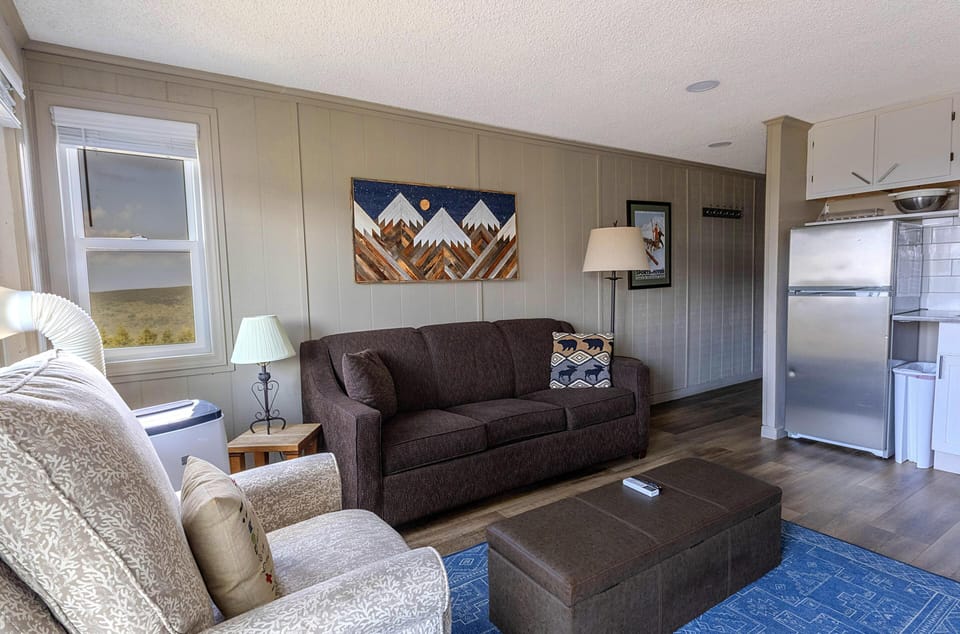 The sleeper sofa in the living room accommodates two people.