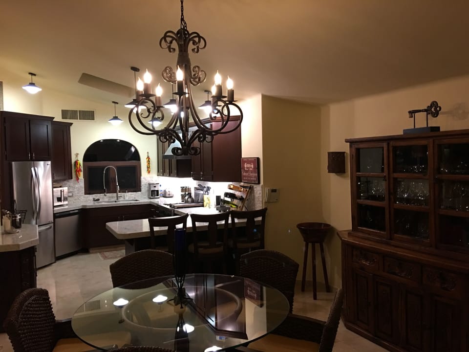 Newly remodeled kitchen and indoor dining.