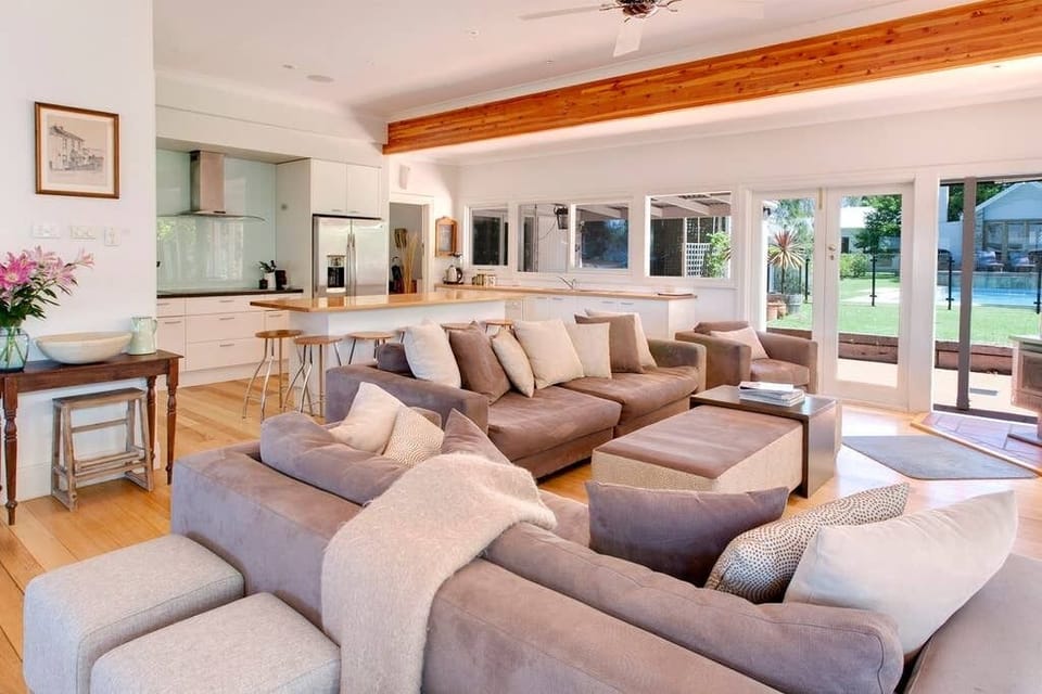 Living area and modern fully-equipped kitchen