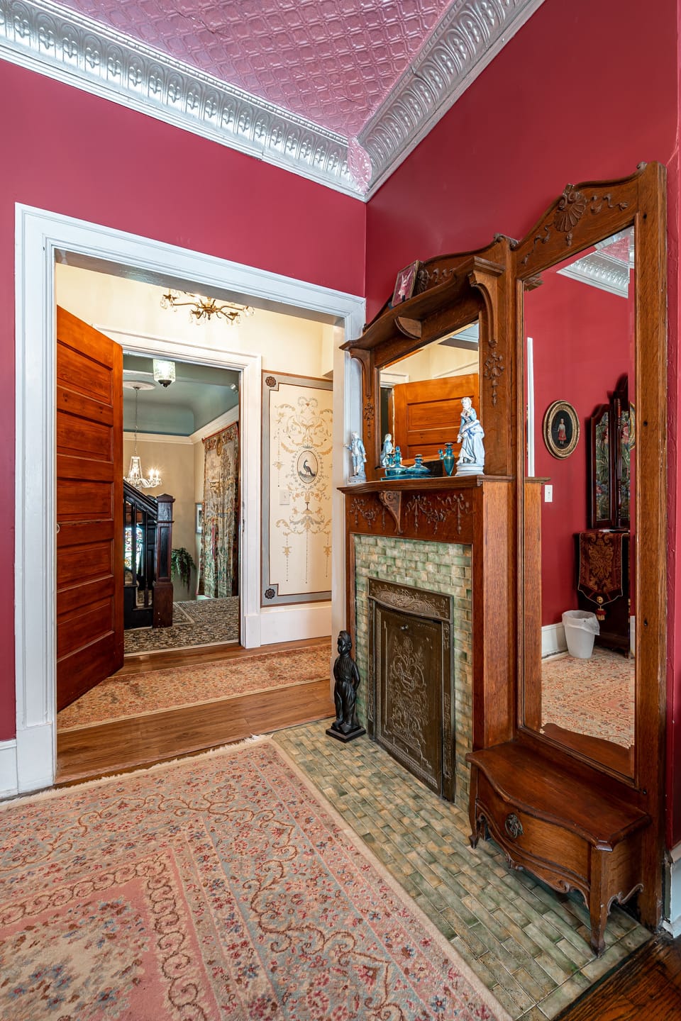 Master bedroom fireplace opening to frescoed dressing room and ensuite bath