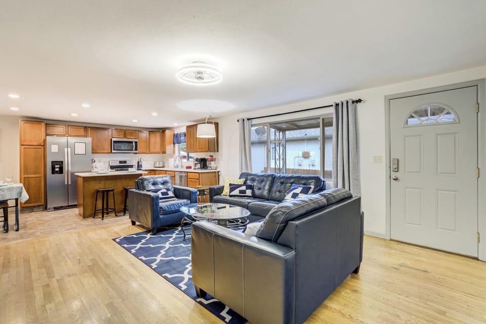 The fully stocked kitchen opens into the living space