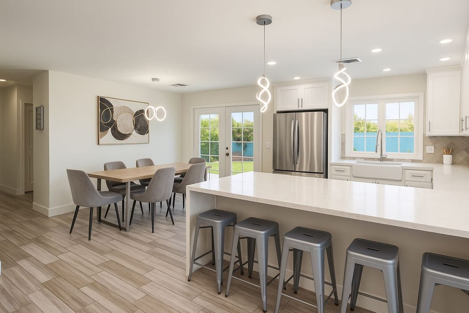Full chefs kitchen with waterfall peninsula