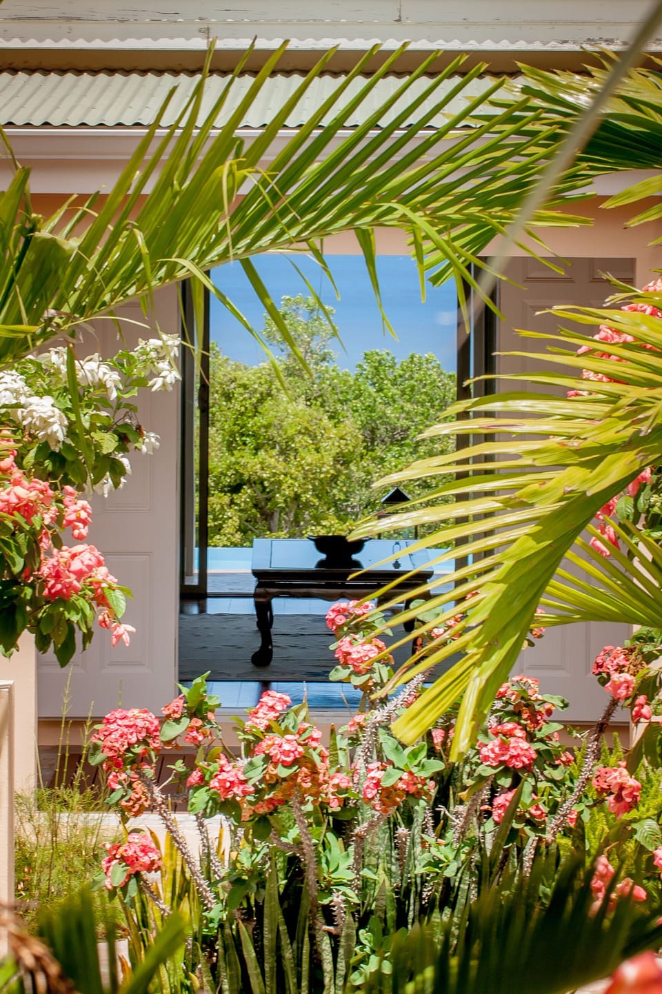 View through the front door to the pool and garden